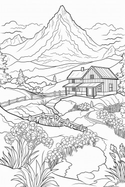 switzerland landscape with a quaint stone house surrounded by flowers and a cypress tree cows graze in lavender fields