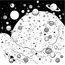 a whimsical asteroid field filled with colorful rocks and space debris