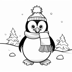 a cute pinguin dressed for christmas making a snow man