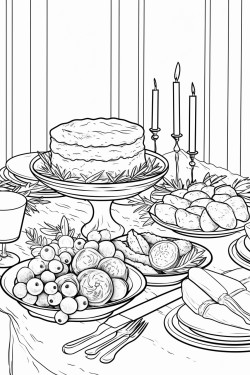depicting a festive holiday feast table set for christmas dinner include detailed dishes such as roasted turkey or ham platters of cookies and pies elegant table settings with candles and ornaments