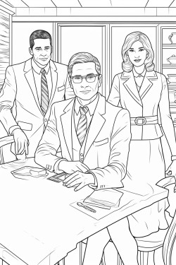 one man and two women in business suits sitting at a table