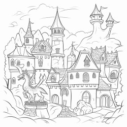 fantasy town with a castle and a dragon