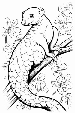 sunda pangolin climbing a tree in a forest its long tail wrapped around a branch with vines and leaves in the background