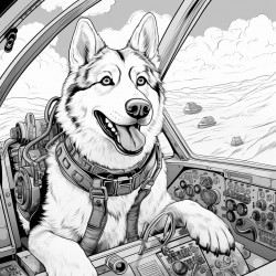 husky flying a plane 