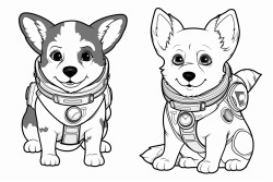 a corgi with no tail and a blue healer with floppy ears as astronauts in space