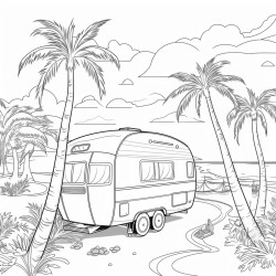 a track caravan with some palm trees behind it