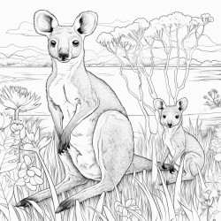 a kangaroo and koala sitting together  one paing a picture the other colouring in with pencils
