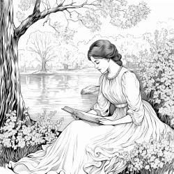a victorian young woman reading a book under a tree by a beautiful river in spring