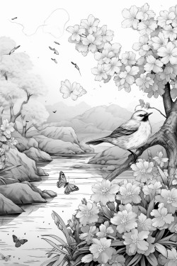 line art beautiful birds sitting on tree flying butterflies mountain small river pool trees stones water pathway