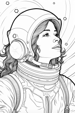 a woman in an astronaut costume looking up at the sky