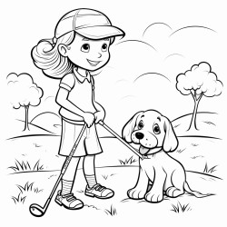 a girl golfing with a dog
