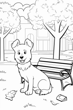 a smiling dog holding a piece of paper in the background a park with trees and a bench  autumn atmosphere