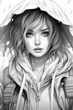 woman with hair just below shoulders wearing only a raincoat with the hood up and an umbrella open in her hands