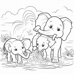 playful elephants spraying water with their trunks