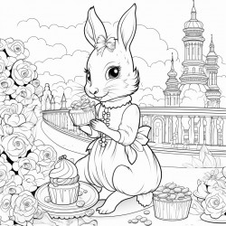 female rabbit eating a cupcake in a park