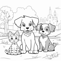 cute dogs and cat playing in the park coloring book for toddlers