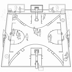 baskeball court with players