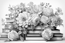 books surrounded by various delicate roses and dahlias