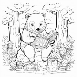 bear reading books in the forest