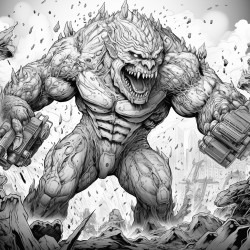 monster made of lava shooting a lava minigun