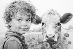 boy showing a cow
