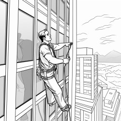 window washer climbing a skyscraper but the top of the skyscraper should be visible