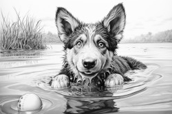 german shepherd puppy playing in the water with a ball