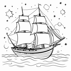 a pirate ship sailing under a starry sky