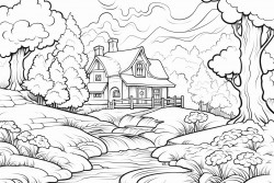 landscape cottage stream forest sunny clud no grey or black areas