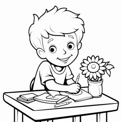 a little boy coloring on a table with many colors