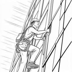window washer climbing a skyscraper but the top of the skyscraper should be visible