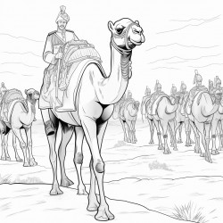 a coloring book page in black and white lines only camels in military uniform