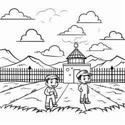 prison in an empty field with clouds above and prisoners working