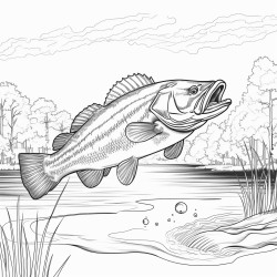 largemouth bass jumping from the water with lilly pads on the water and forest in the background