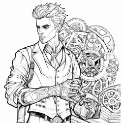 a vampire with a mechanical arm dressed in victorian clothing in a steampunk workshop surrounded by gears