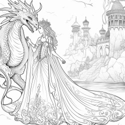 vintage fairy tale scene with a dragon and a woman wearing a crown looking like a dragon long dress with a veil