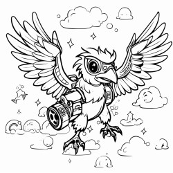 a bird with robotic parts flying through the clouds