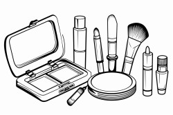 makeup items including a blush compact perfume bottle eyeshadow palette lipstick mascara and makeup brushes