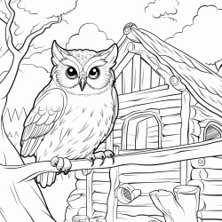 a extreme closeup of a wise old owl threequarter view to the left in a cozy treehouse interior