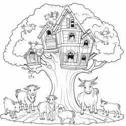 a large tree with roots showing barn and goats in the backgroun