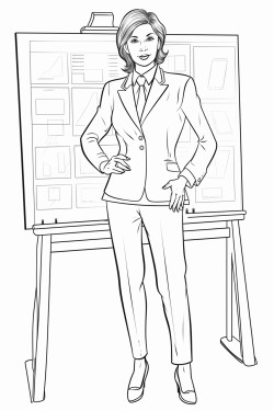 a woman in a business suit draws on a chalkboard with a crayon