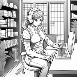 make a coloring page of a girl in an office being a ninja