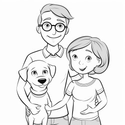 five year old girl with pigtails and glasses with her mom and dad and beagle