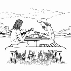silhouette style women in a baseball cap playing ukulele at a picnic table