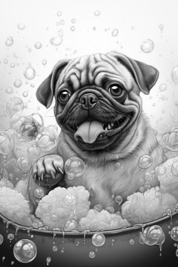happy pug in a bath tub with lots of bubbles