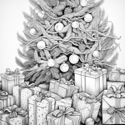 intricate wrapping paper on multiple gifts under a tree