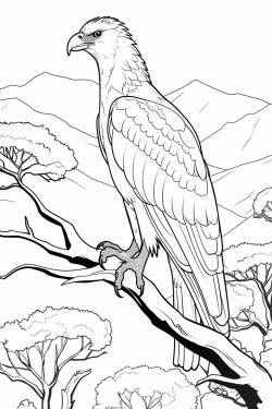 a majestic philippine eagle perched on a branch high in a tree with a forest canopy and distant mountains