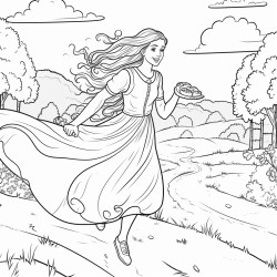 a girl with long hair running in the countryside with a slice of pizza in one hand and a dumbbell in the other she is wearing a brides veil and in the distance you can see a group of girls behind her smiling and waving