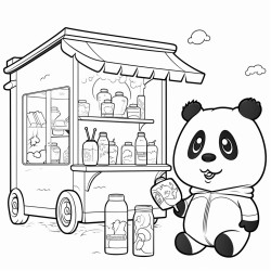 fork bottle fridge and large sausage panda with earrings waiting at a bus stop
