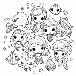 kawaii mermaids and sea creatures living in a deep ocean